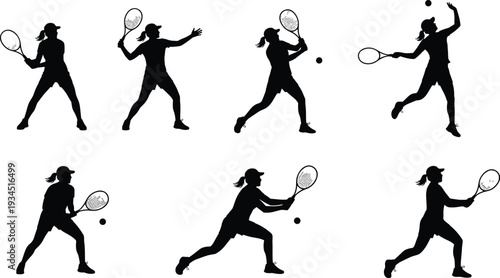Silhouette set of female tennis player in action poses isolated on white background, professional woman athlete serving and hitting ball collection for sports design