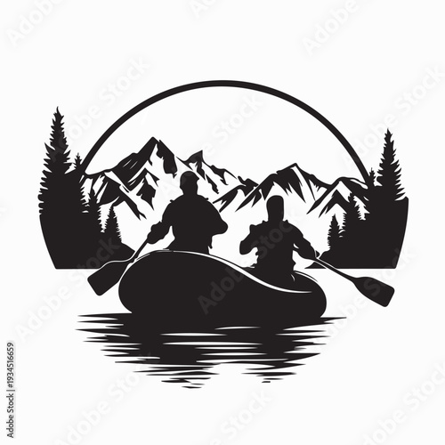 Adventure Outdoor Rafting Logo Design with River Silhouette Vector