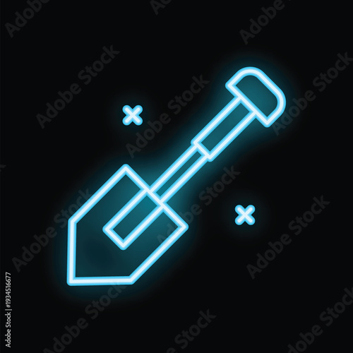 Bright blue neon shovel glowing on a dark background, perfect for representing construction or gardening concepts