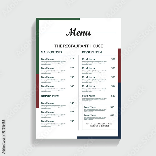 Restaurant Menu with Main Courses and Dessert Items