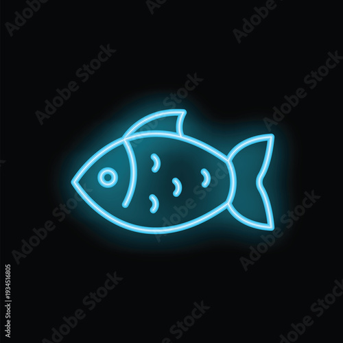 Bright blue neon fish sign glowing on a black background
