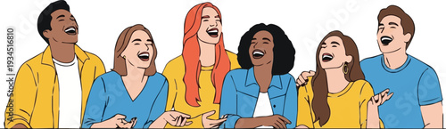 Diverse group of young adults laughing and having fun together, standing in a line, vibrant illustration