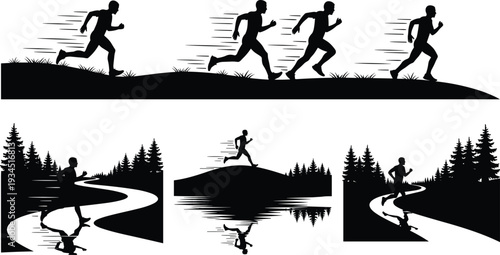 Silhouette set of male runner sprinting on trail and forest landscape isolated on white background, outdoor fitness and marathon training concept collection