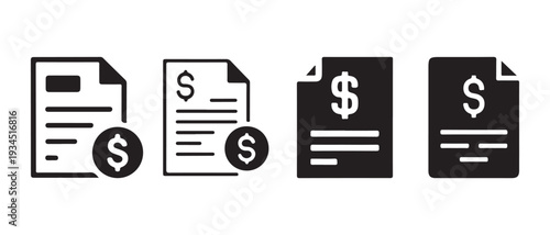 Invoice Icons Set with Dollar Sign, Financial Document Icons in Black and White, Representing Bills and Payments.