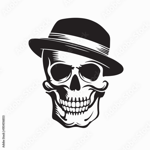 Skull Logo with Classic Bowler Hat Vector Isolated On White Background