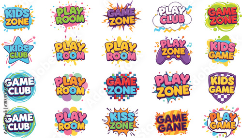 Colorful kids play zone and game club typography logo set with splash bubbles and comic style graphic elements