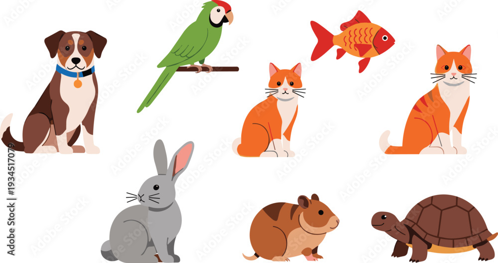 Fototapeta premium Cute Pet Animals Vector Set – Dog, Cat, Rabbit, Parrot, Guinea Pig, Fish, and Turtle