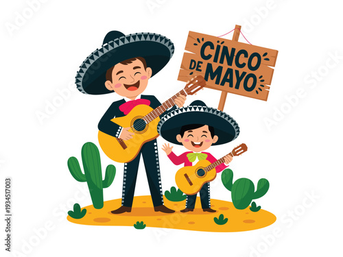 Mariachi father and son play guitars next to a Cinco de Mayo sign illustration.