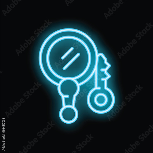 Blue neon icon of a hand mirror with a keychain hanging, isolated on a black background, ideal for beauty, fashion and accessory concepts