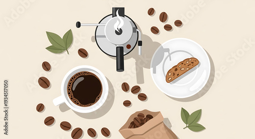 A vector graphic illustration of a coffee cup with a biscotti and coffee beans on a table