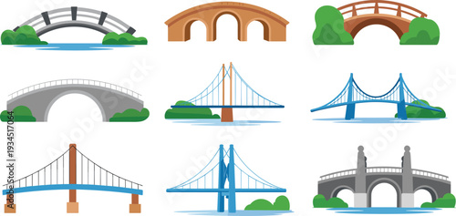 Bridge collection vector set with arch and suspension bridges over river flat illustration icons isolated on white background infrastructure architecture design