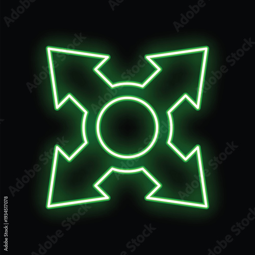 Green neon sign with four arrows pointing in different directions from the center, symbolizing expansion and growth