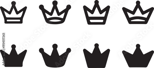 Black crown icons in different styles and shapes  royalty symbols