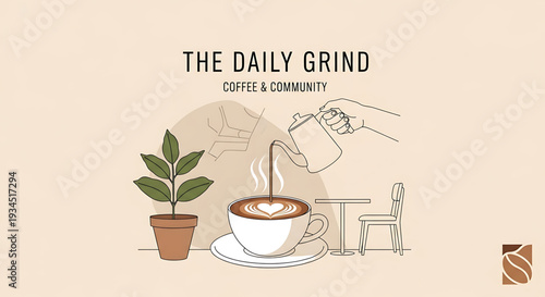 A minimalist vector graphic illustration of a coffee cup with a plant and chair, representing a cozy coffee shop atmosphere.
