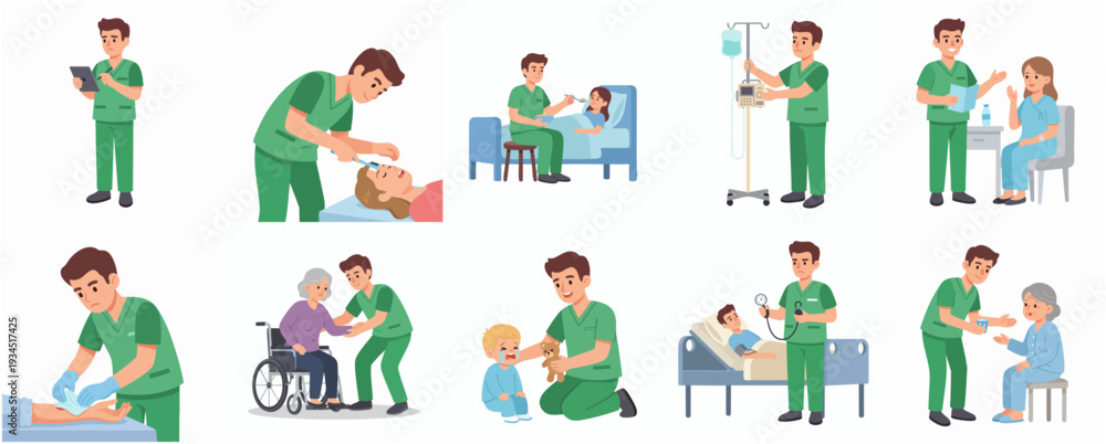 Fototapeta premium Flat Illustration of Various Activities Male Nurse Provides to Patient Care
