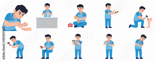 Simple Cartoon Style Doctor Character with Stethoscope Medical Activities Illustration Set