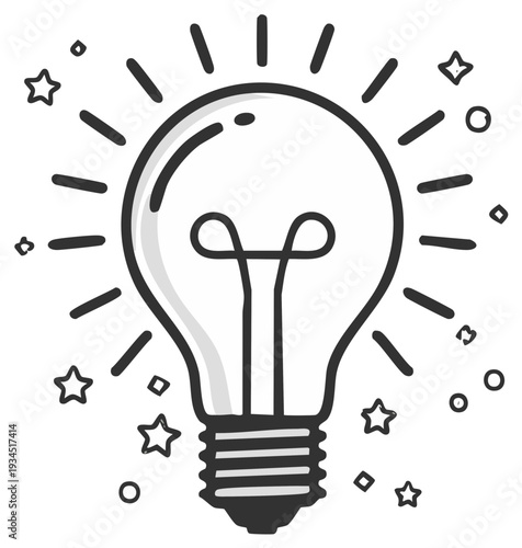 Hand drawn cartoon light bulb illuminating with radiating lines and stars symbolizing new ideas and inspiration