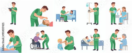 Flat Illustration of Various Activities Male Nurse Provides to Patient Care