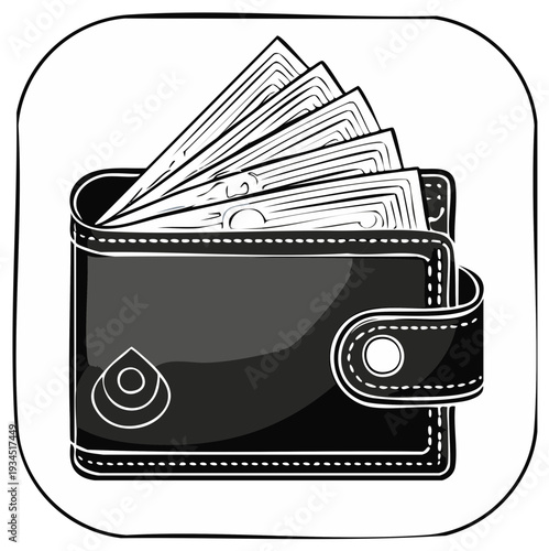 Illustration of a black wallet filled with cash money banknotes depicting financial savings