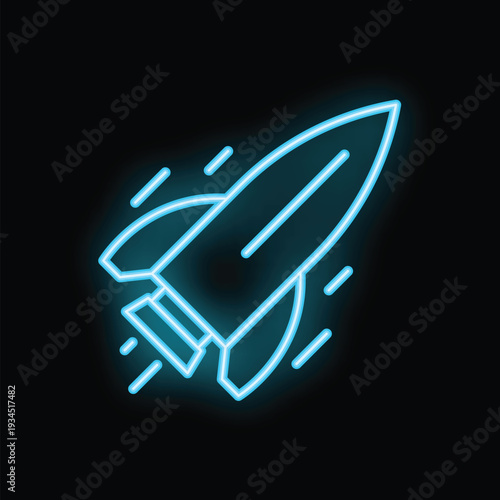 Blue neon icon of a rocket ship flying through space, with motion lines trailing behind it