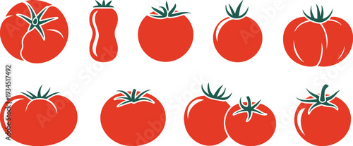 Tomato collection illustration, fresh red tomatoes with green leaves isolated on white background healthy organic vegetable set