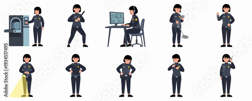 Flat Design Security Officer Various Activity Isolated Illustration on White Background