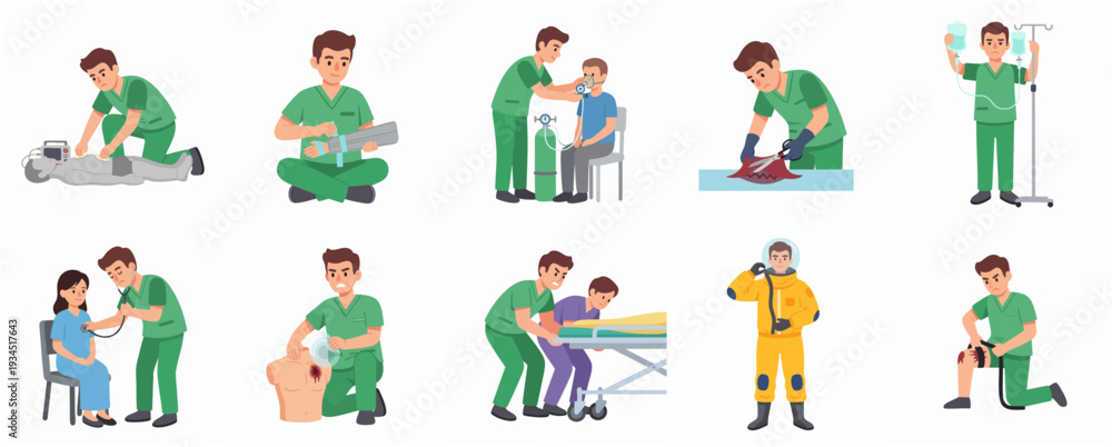 Naklejka premium Diverse Flat Illustration Medical Staff Performing Treatment in Various Emergency Situations