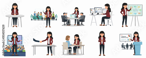 Cartoon Style Detailed Businesswoman In Various Presentation and Meeting Scenarios Icon Set