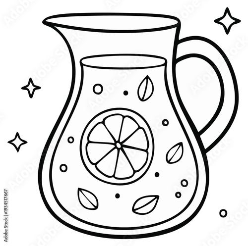 Refreshing pitcher of lemonade with lemon slice and mint leaves cartoon illustration