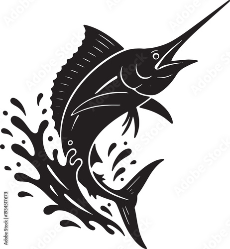 Black and white stylized illustration of a marlin jumping out of the water with a splash