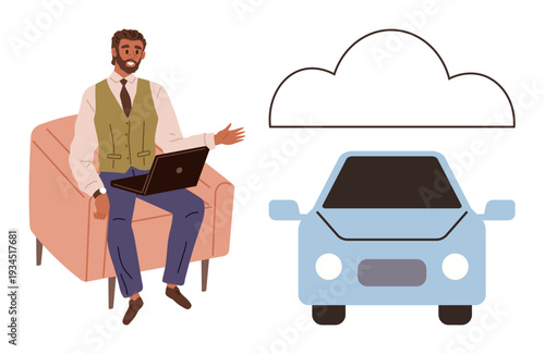 Technology innovation, cloud computing, smart cars, connectivity, online services, modern devices. A man with a laptop and a connected car cloud concept. Technology innovation and cloud computing