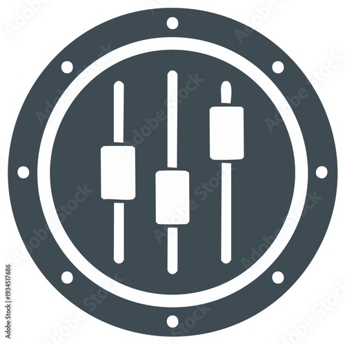 Vector graphic of three adjustable vertical fader controls within a circular frame, symbolizing settings, equalization, and customization.
