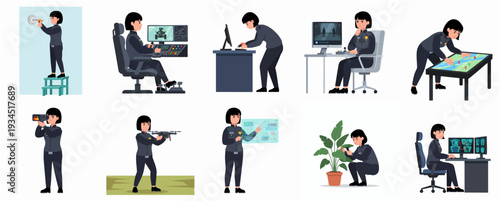 Cartoon Security Agent Character Different Activity Poses and Expressions Illustration