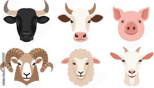 Farm Animal Faces – Cow, Pig, Goat, Sheep, and More Illustration