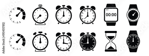 Time Management and Clock Icons Set, Vector Illustrations of Alarm Clock, Stopwatch, Smartwatch, Hourglass, Speedometer, and Deadline Reminder for Productivity and Scheduling.