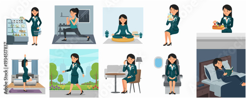Cute Cartoon Businesswoman Character Daily Routine Activities and Healthy Lifestyle Illustration