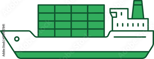 Container cargo ship with stacked shipping boxes, green flat vector illustration of maritime transport and global logistics industry