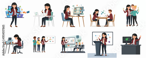 Cartoon Diverse Businesswoman in Different Work Scenarios Flat Illustration Set