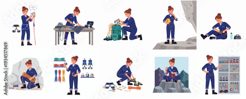 Diverse Handdrawn Mountaineering Woman Activities Preparing Equipment Adventure Illustration Set