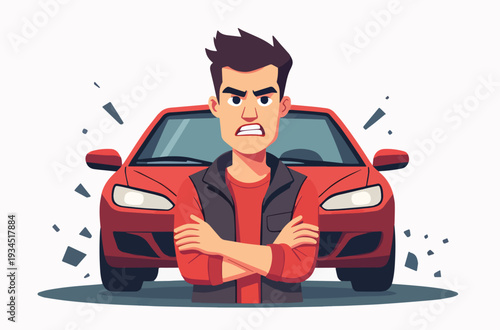 macchina automobile rotta con uomo arrabbiato per incidente vettoriale