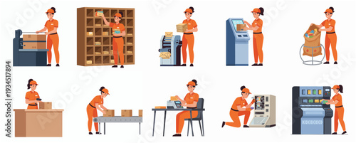 Flat Illustration Woman Working at Various Postal Service Activities and Process