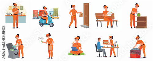 Cartoon Delivery Woman Character in Different Poses Delivering Package Illustration