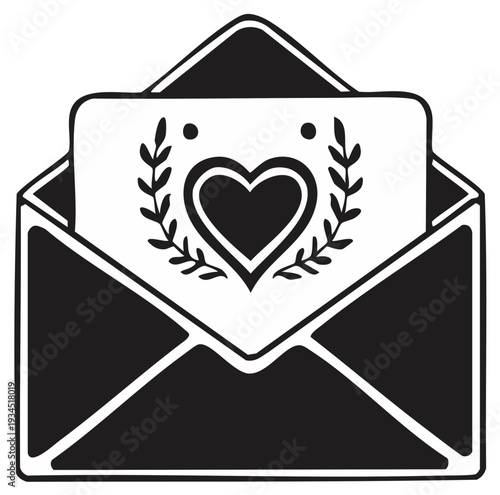 Heart greeting card design inside open envelope monochrome illustration