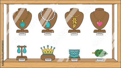 Luxury jewelry store display showcase with necklaces on busts earrings a crown and bracelets in a wooden frame