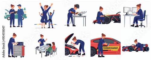 Flat Style Detailed Car Mechanic Team and Repairing Process Illustration Set