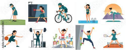 Cartoon Sport Activity Illustration Set Depicting Various Exercise Disciplines