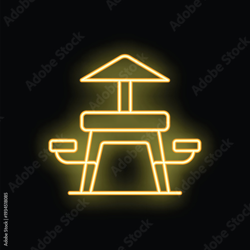 Glowing neon line icon of a sandbox with umbrella for kids playing on playground, isolated on black background