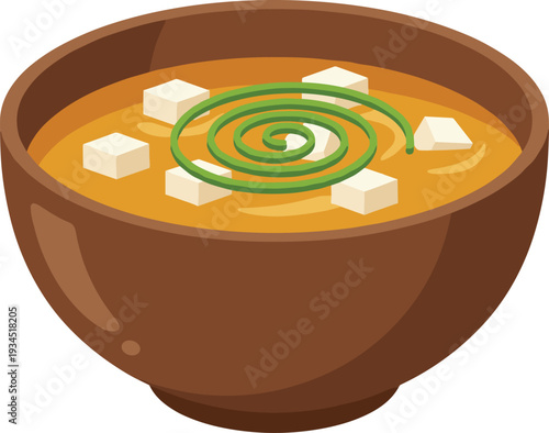 Creamy pumpkin soup in rustic wooden bowl, with tofu cubes and green onion garnish, healthy vegan autumn comfort food illustration