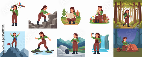 Cute Cartoon Woman Hiker Adventure in Nature and Mountain Illustration