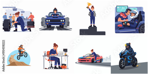 Flat Style Racing Girl Illustration Set with Different Activities in Motorsport